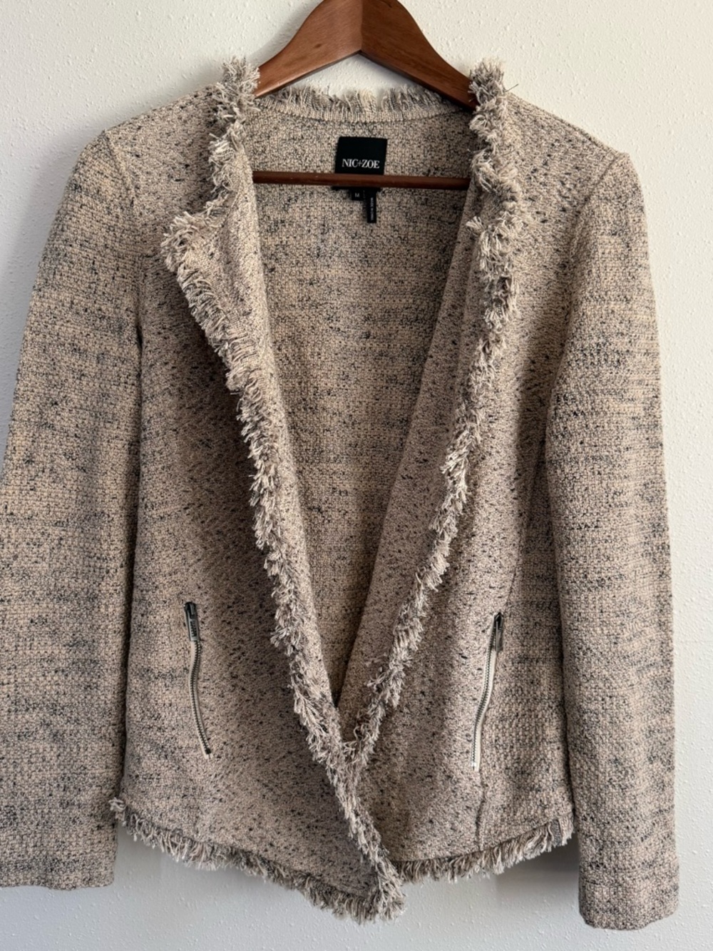 NIC+ZOE Boucle Tweed Knit Jacket Medium Fringe Open Front Oatmeal